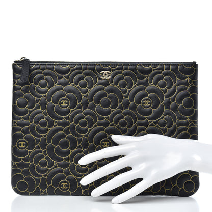 Chanel Lambskin Camellia Embossed Medium Cosmetic Case Black Gold 2 of 7