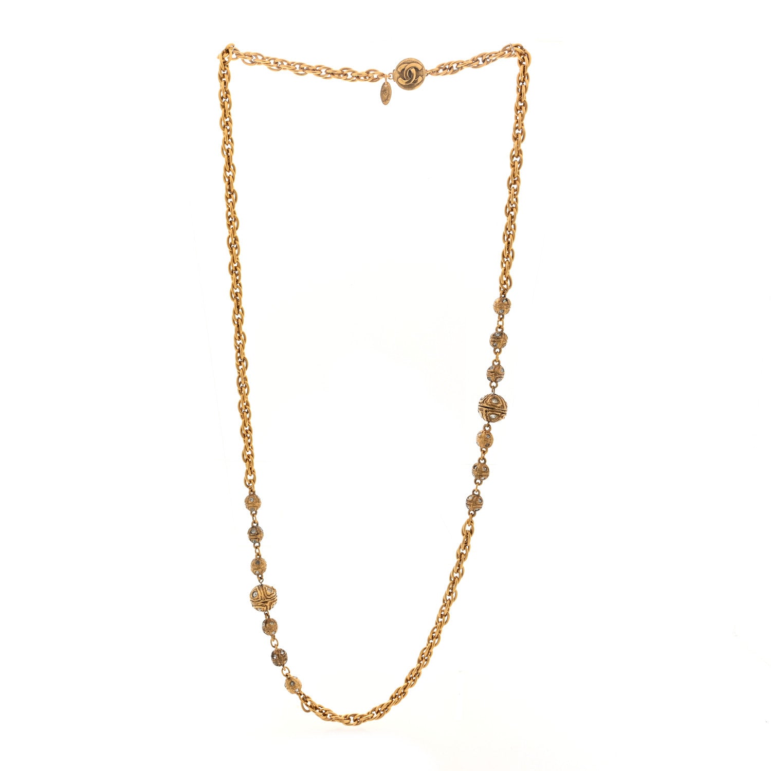 Chanel Metal Crystal CC Ball Chain Necklace Gold 3 of 4