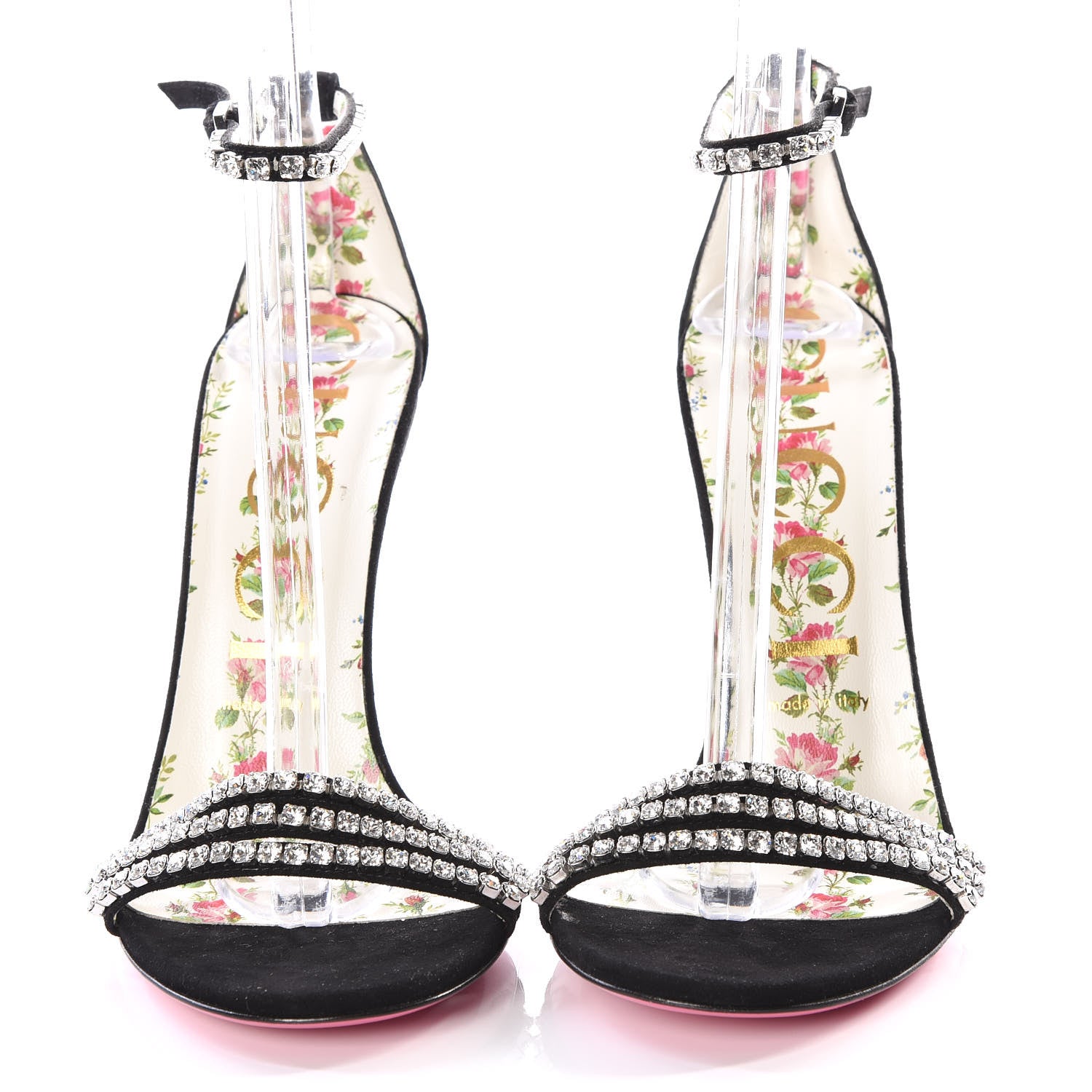 Gucci Kid Scamosciato Crystal Ankle Strap High Heel Sandals 38 Black 3 of 8