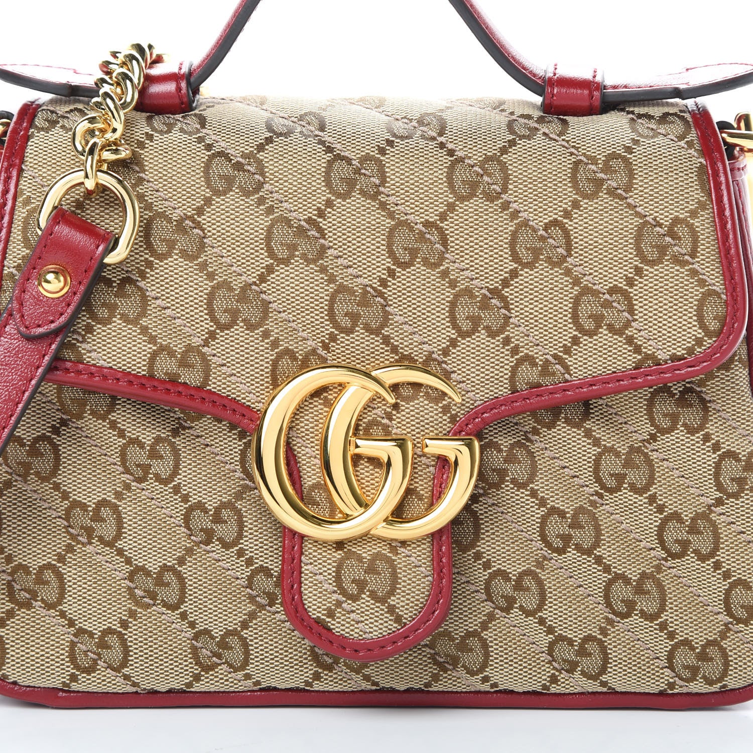 Gucci Monogram Glazed Calfskin Matelasse Diagonal Mini GG Marmont Top Handle Shoulder Bag Beige Ebony New Cherry Red 8 of 10