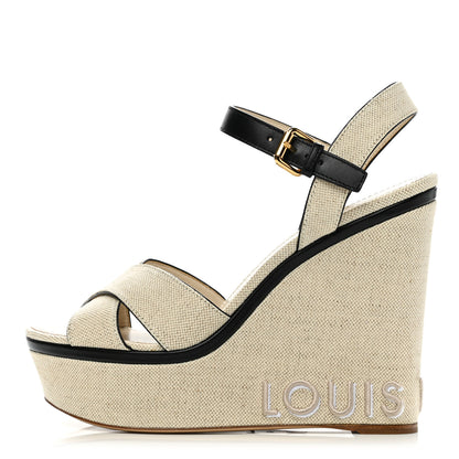 Louis Vuitton Canvas Calfskin Postcard Wedge Sandals 41 Ecru 1 of 9