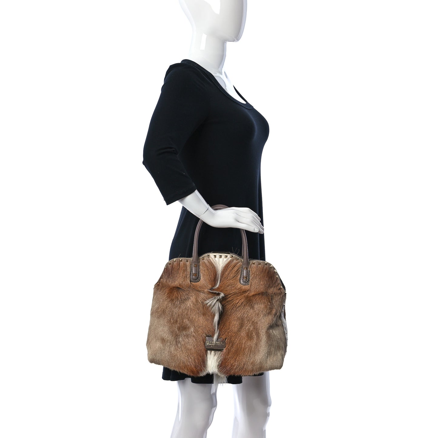 Calf Hair Cavallino Animal Rockstud Dome Satchel Brown