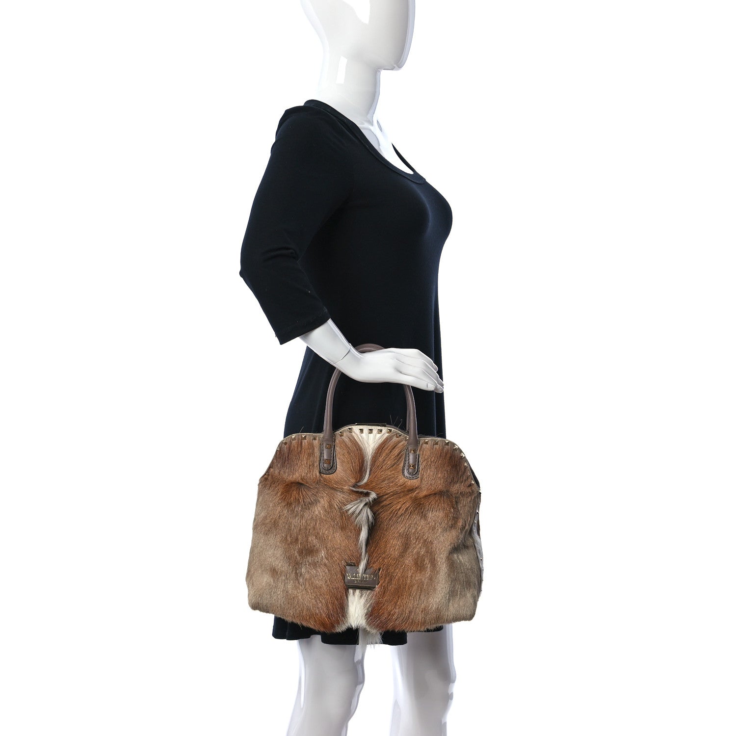 Valentino Garavani Calf Hair Cavallino Animal Rockstud Dome Satchel Brown 2 of 9