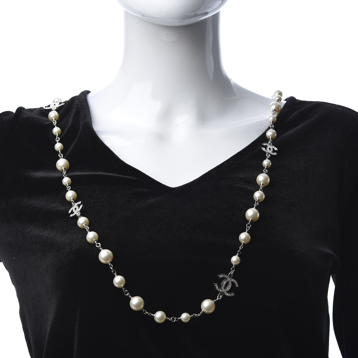 Crystal Pearl CC Long Necklace Silver