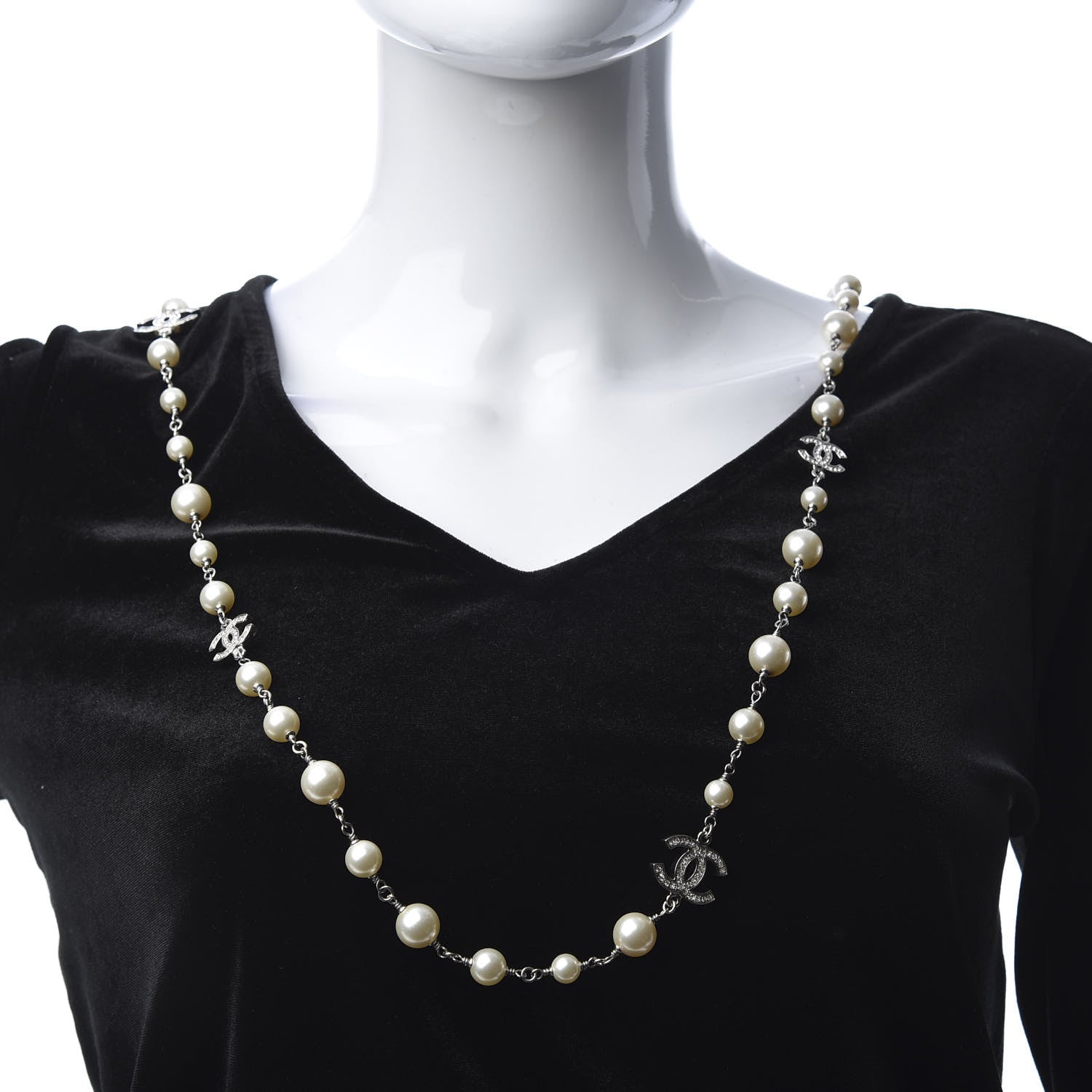Chanel Crystal Pearl CC Long Necklace Silver 2 of 5