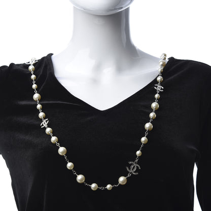 Chanel Crystal Pearl CC Long Necklace Silver 2 of 5