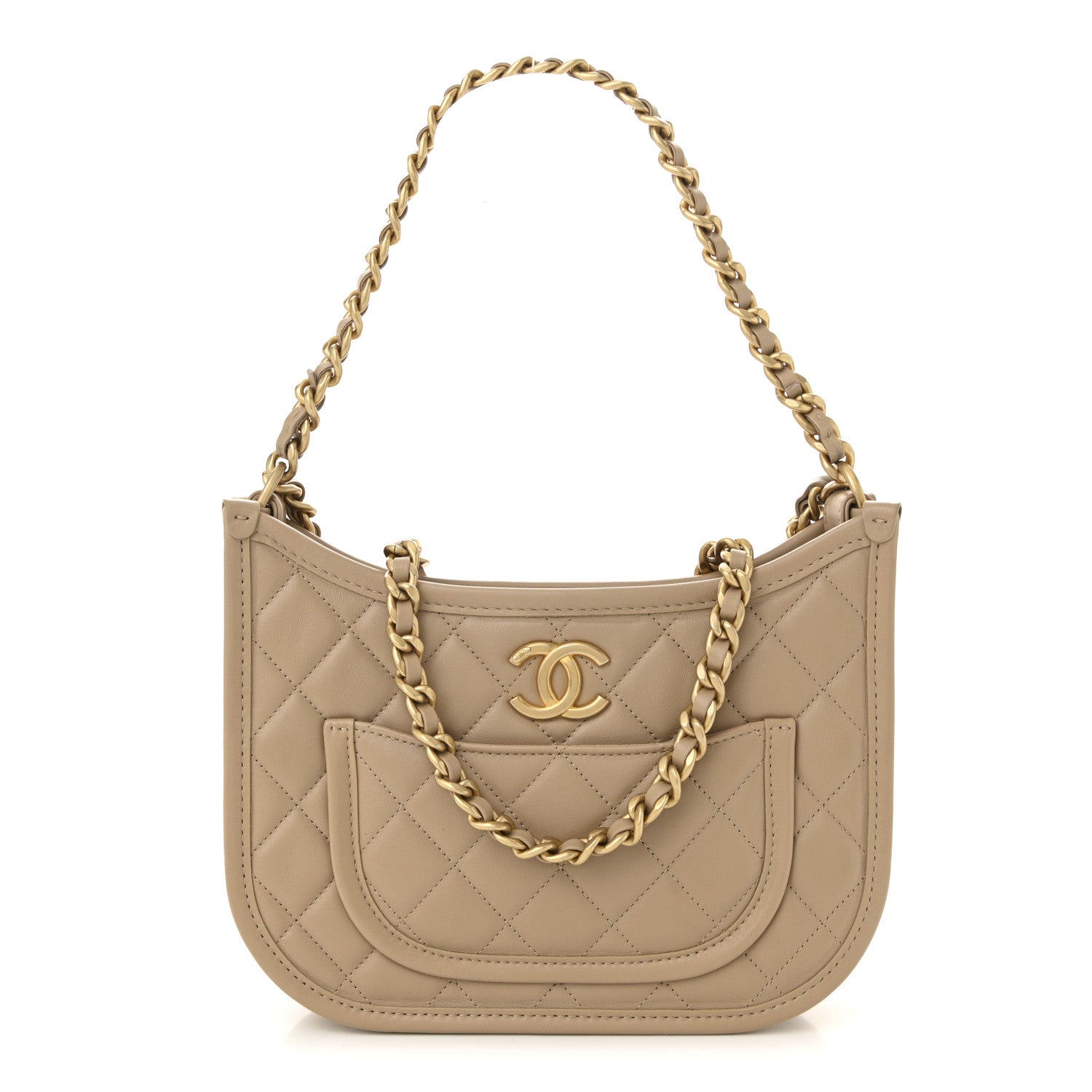 Chanel Calfskin Quilted CC Hobo Handbag Beige 1 of 11