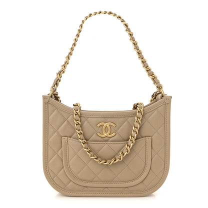 Chanel Calfskin Quilted CC Hobo Handbag Beige 1 of 11
