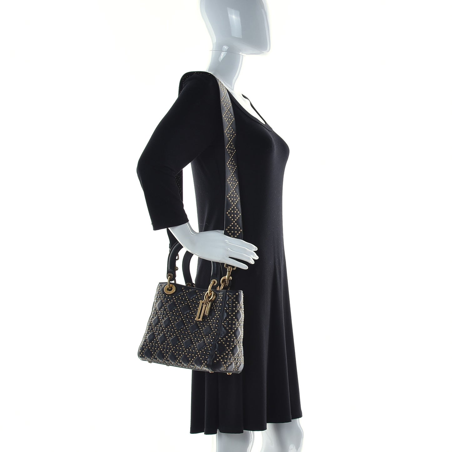 Calfskin Cannage Studded Medium Supple Lady Dior Black