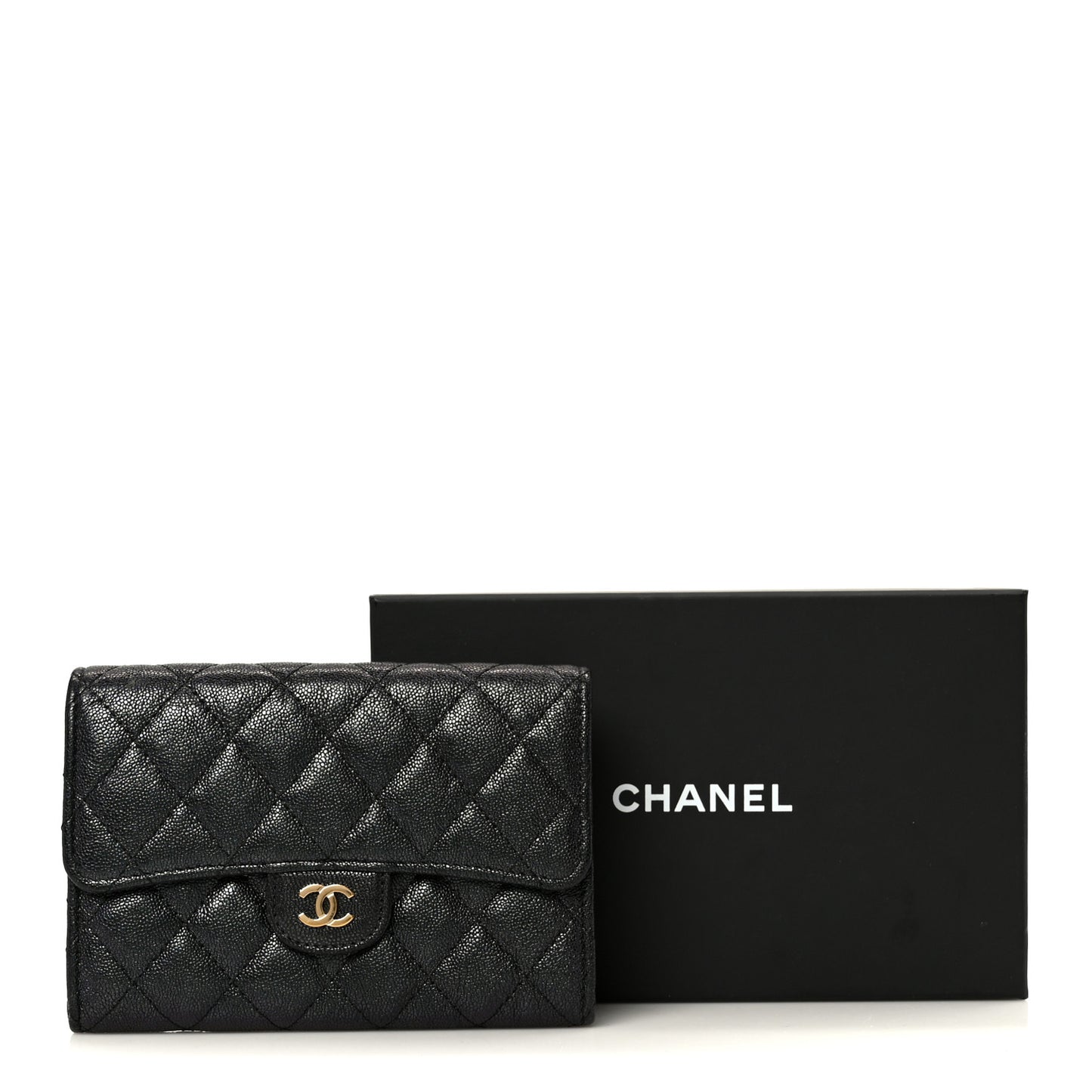 Iridescent Caviar Quilted Medium Flap Wallet Black