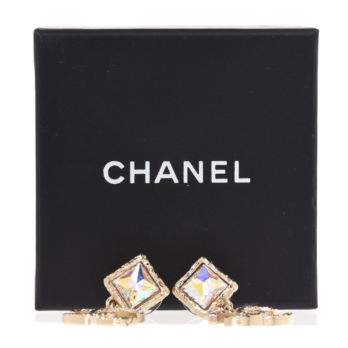 Iridescent Baguette Crystal CC Drop Earrings Gold