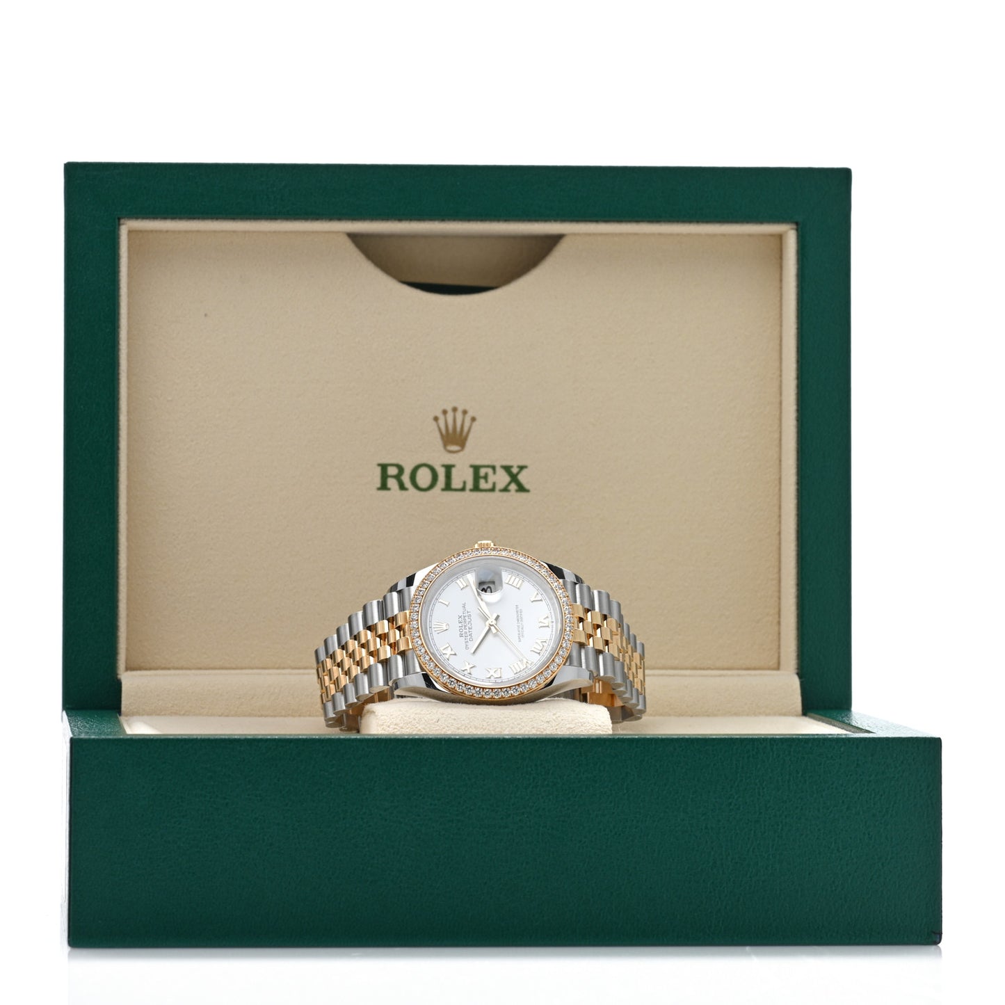 Stainless Steel 18K Yellow Gold Diamond Bezel 36mm Oyster Perpetual Datejust Watch White Roman 126283RBR