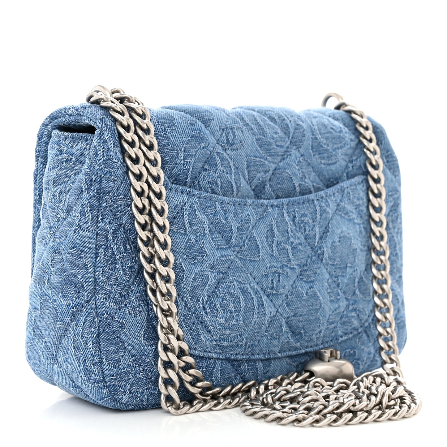 Denim Quilted Camellia Sweetheart Mini Flap Blue