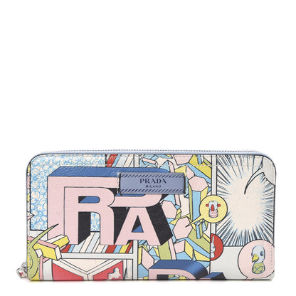 Prada X JAMES JEAN Glace Calf Comic Print Zip Around Wallet Cielo Astral 1 of 7