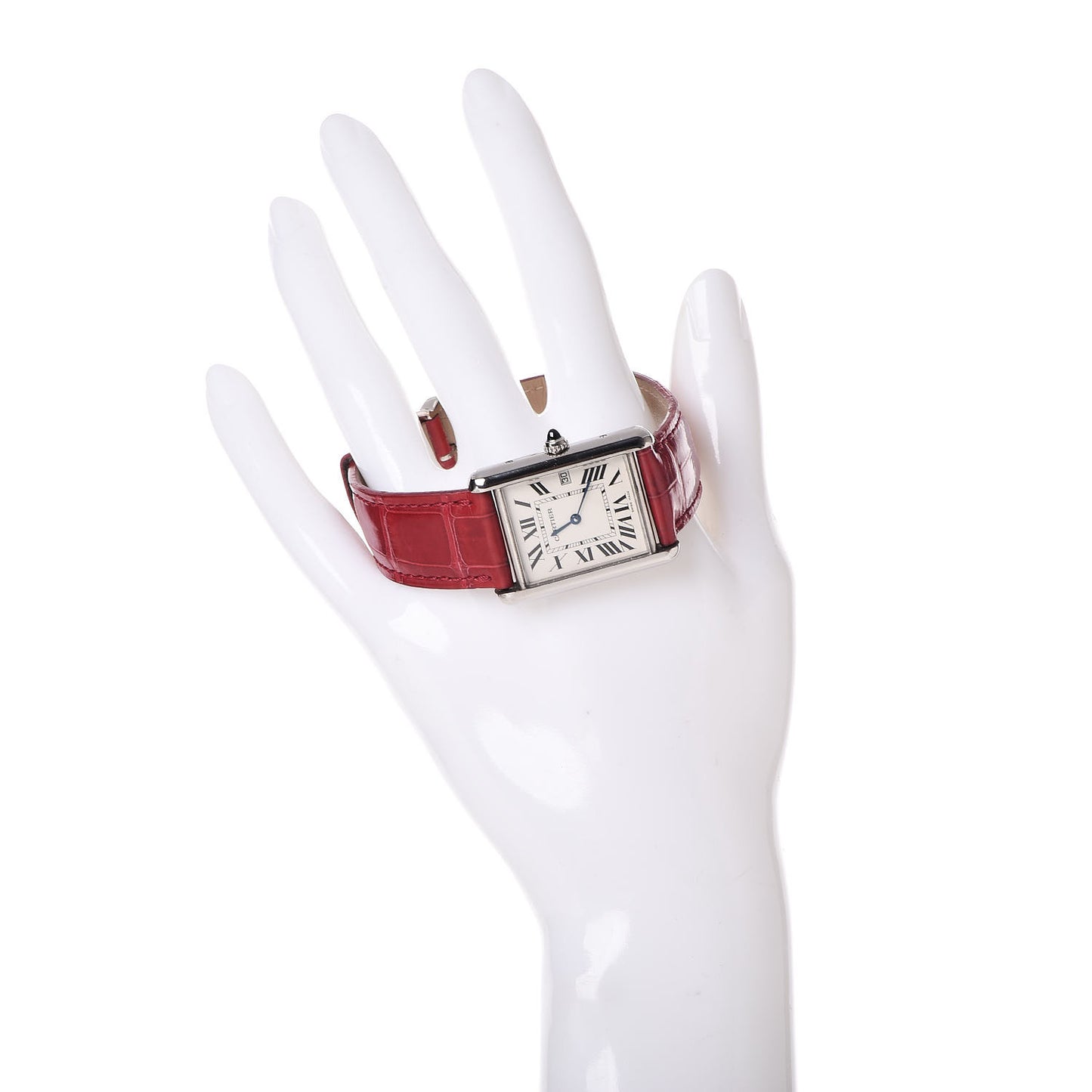 18K White Gold Alligator 26mm Tank Louis Quartz Watch Red