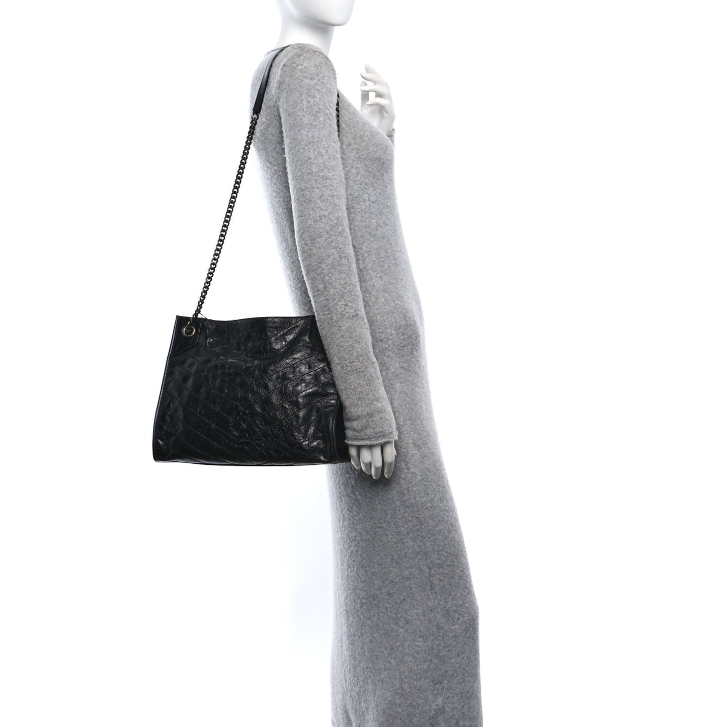 Crinkled Calfskin Matelasse Monogram Medium Niki Shopper Tote Black