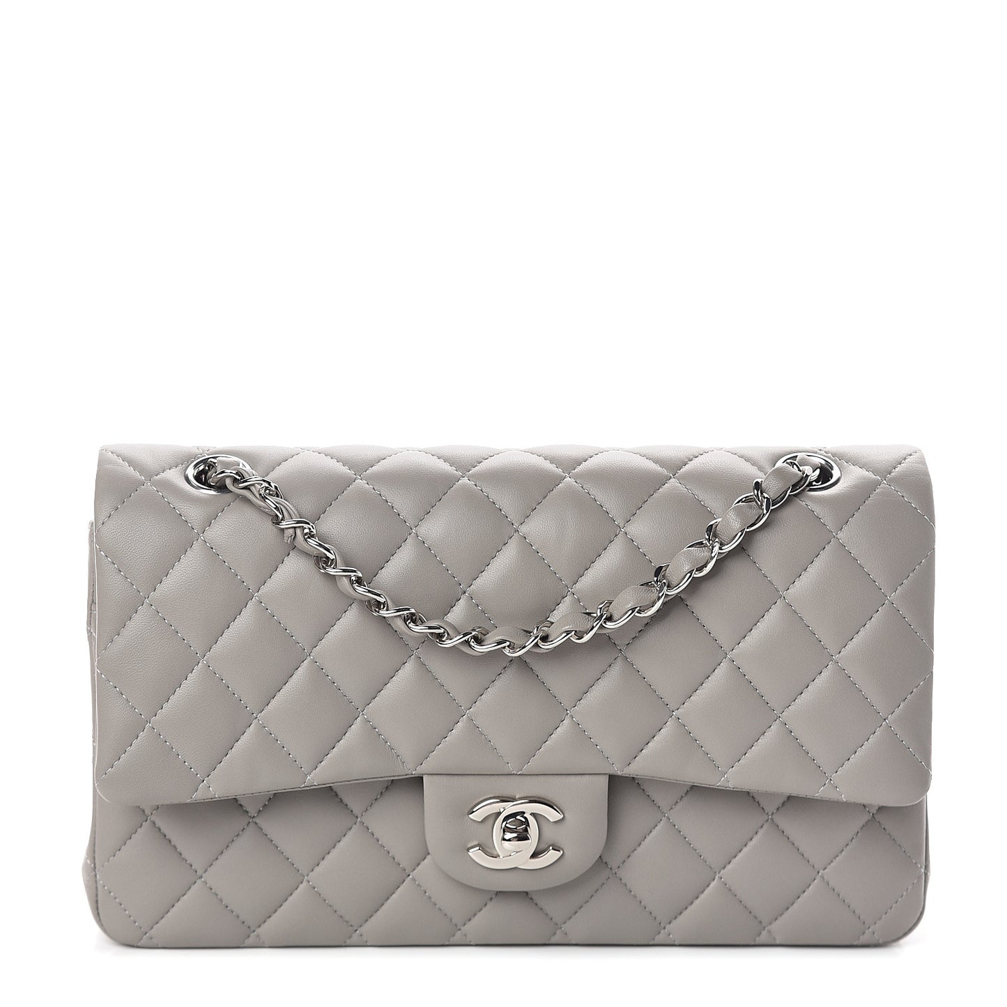 Lambskin Quilted Medium Double Flap Grey
