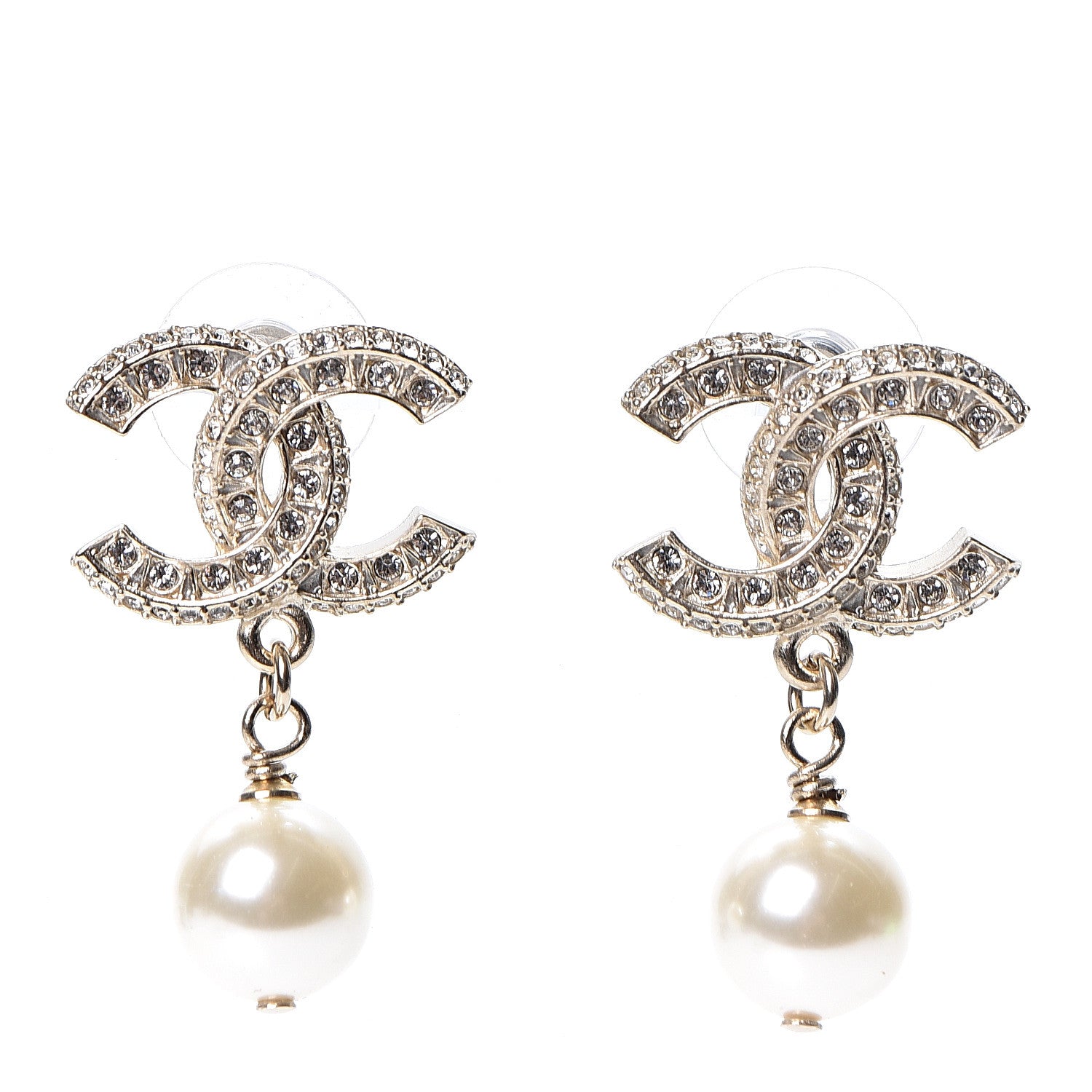 Chanel Crystal Pearl CC Drop Earrings Gold 1 of 5