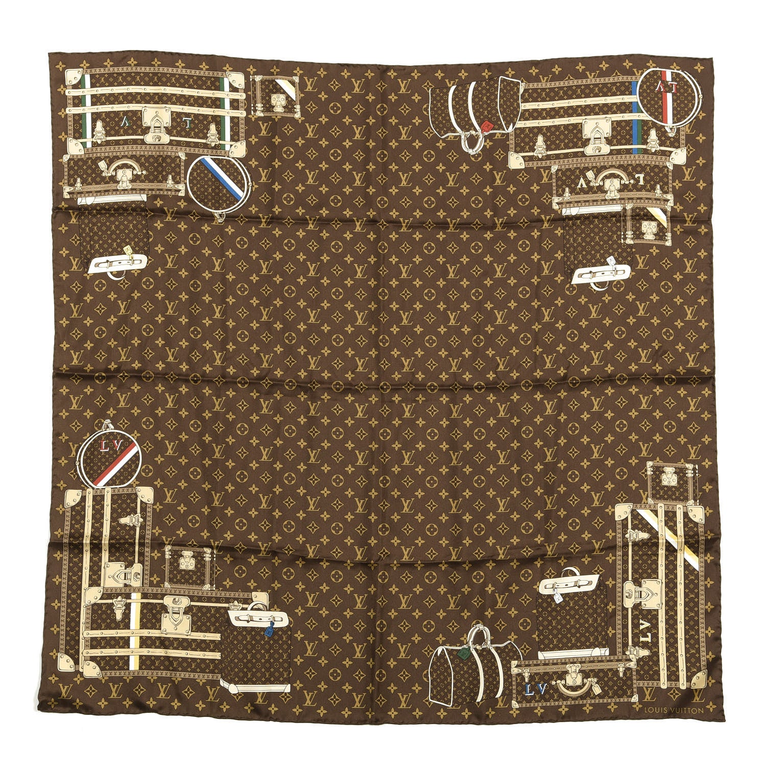 Louis Vuitton Silk Monogram Trunks Square Scarf Marroon 1 of 3