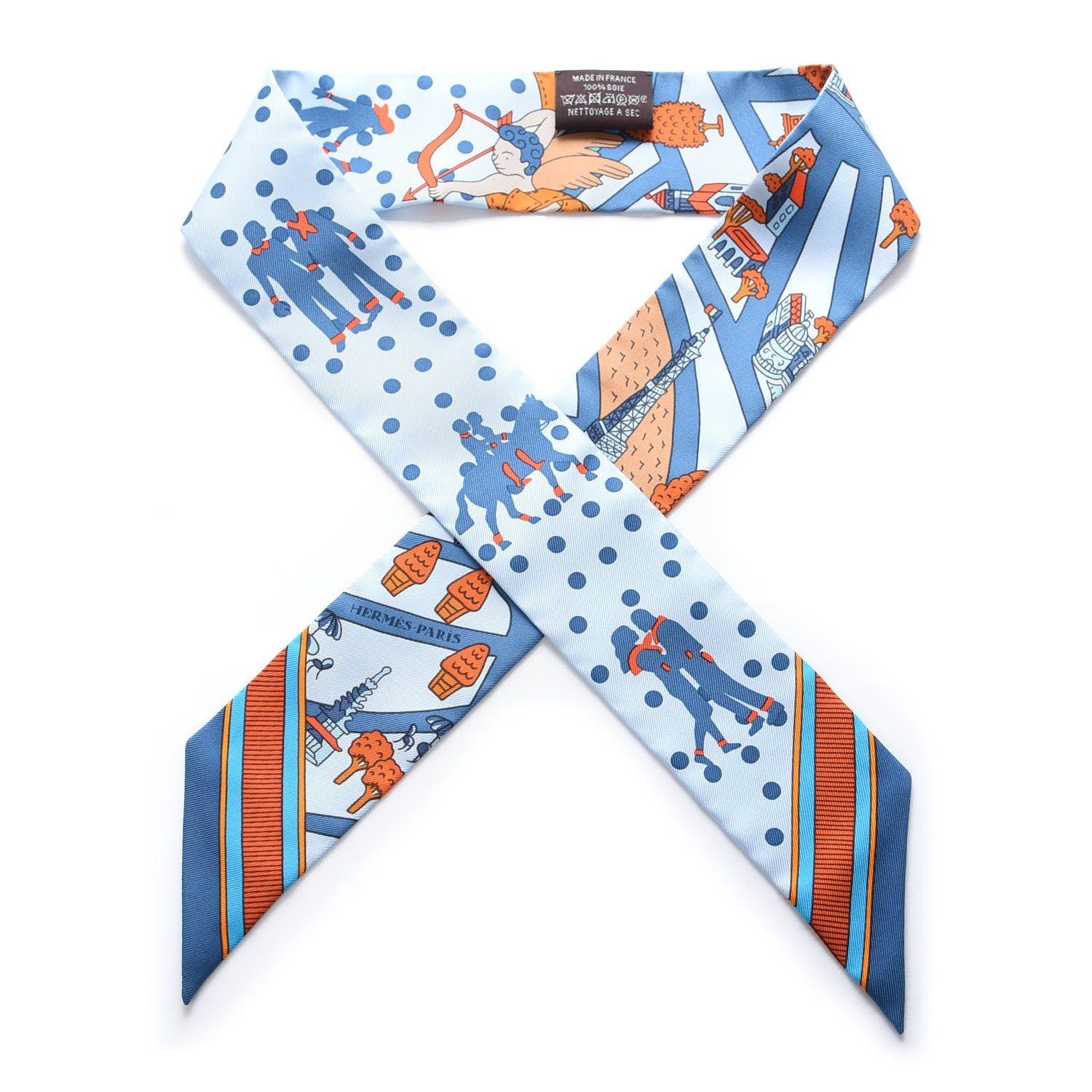 Hermes Silk Les Nouveaux Amoureux de Paris Twilly Ciel Blue Jean Orange 1 of 3