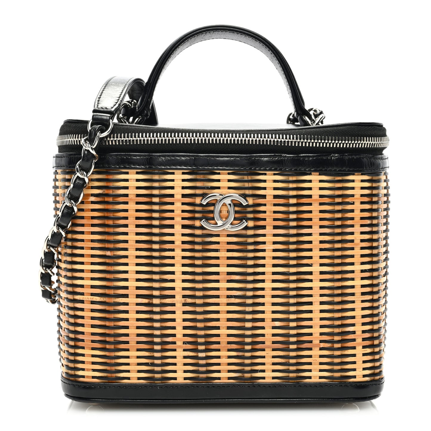 Glazed Calfskin Raffia Vanity Case Bag Black Beige