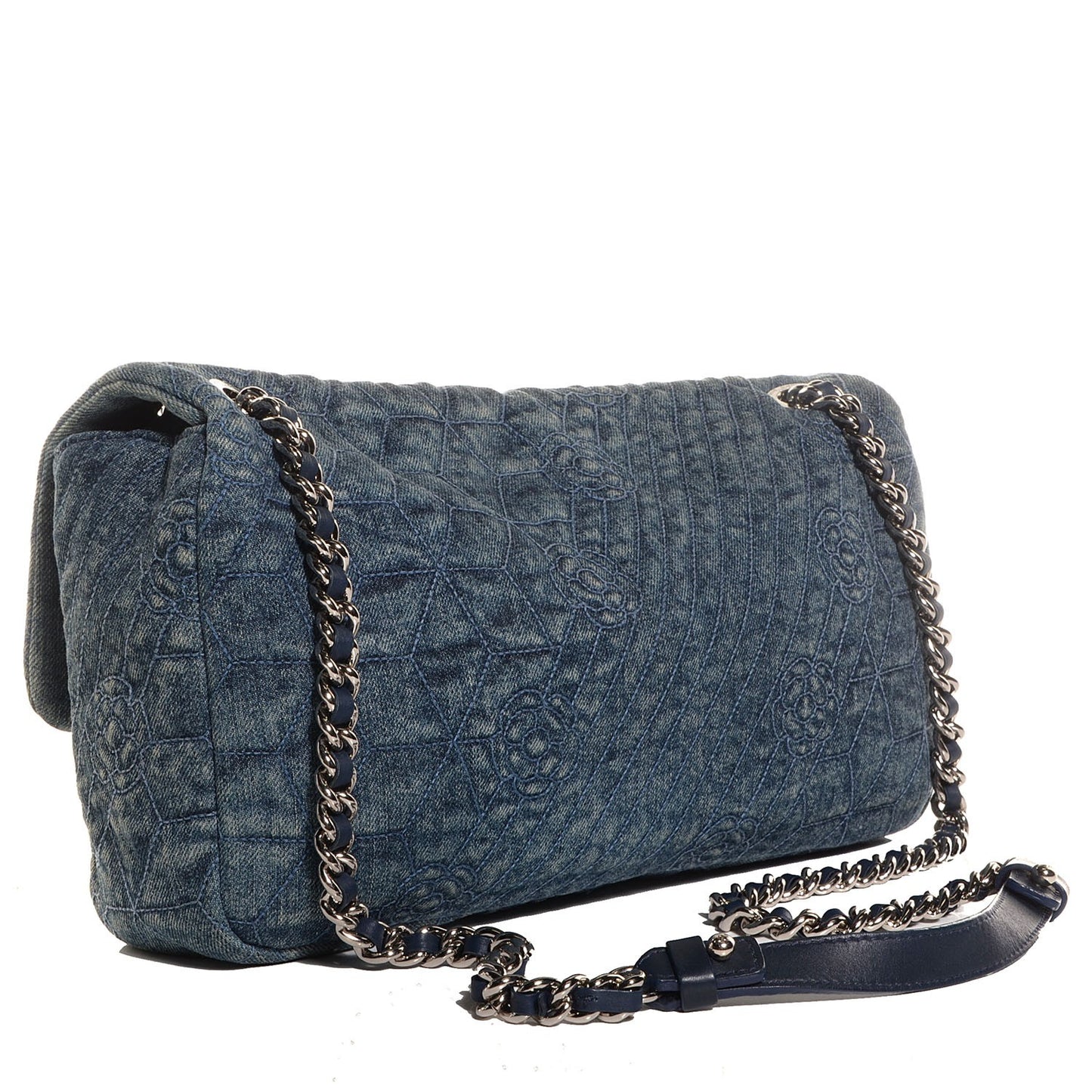 Denim Quilted Camellia Embroidered Large Flap Blue