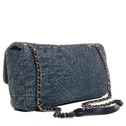 Chanel Denim Quilted Camellia Embroidered Large Flap Blue 3 of 8