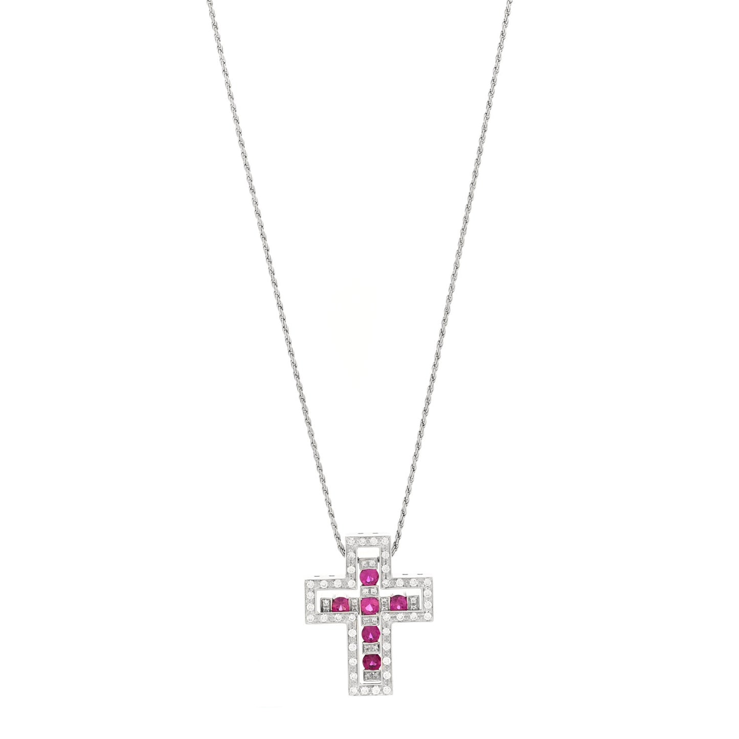 18K White Gold Diamond Ruby Belle Epoque Cross Pendant Necklace