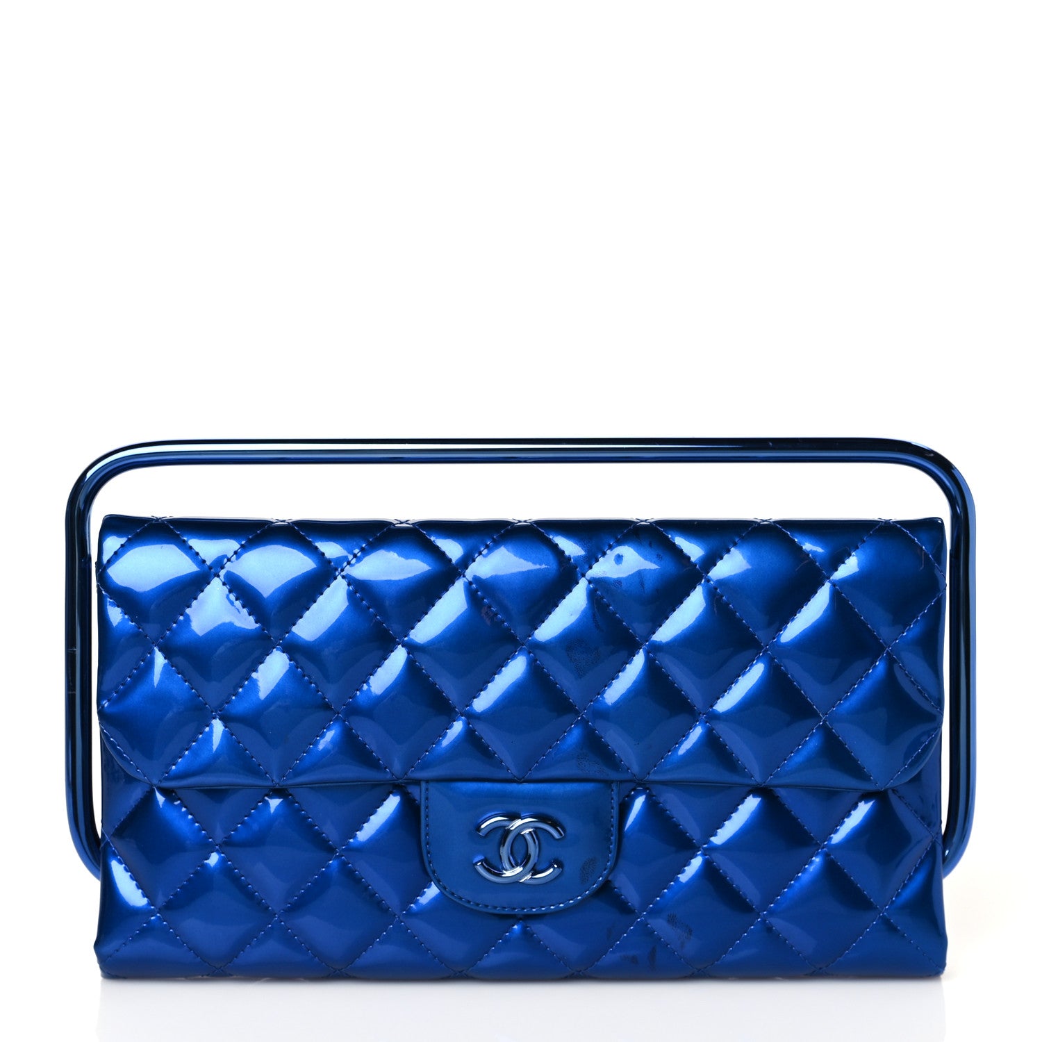 Chanel Metallic Patent Calfskin Quilted Metal Handle Clutch Blue 1 of 10