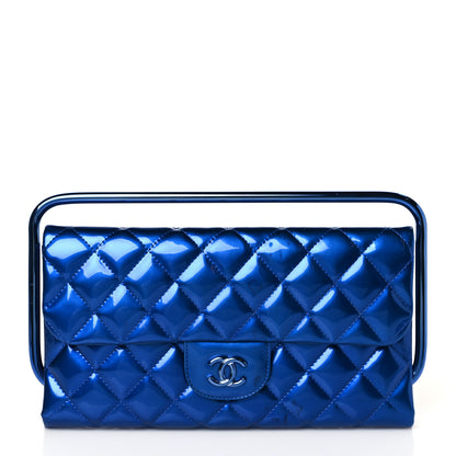 Chanel Metallic Patent Calfskin Quilted Metal Handle Clutch Blue 1 of 10