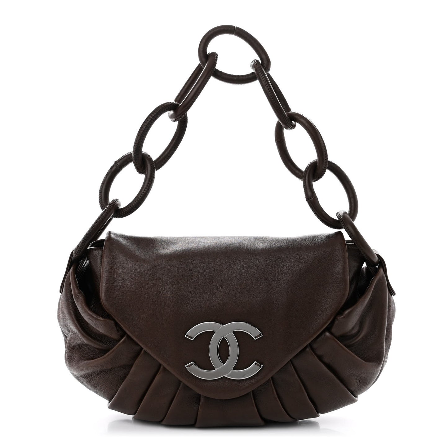 Lambskin Pleated CC Shoulder Bag Marron Fonce