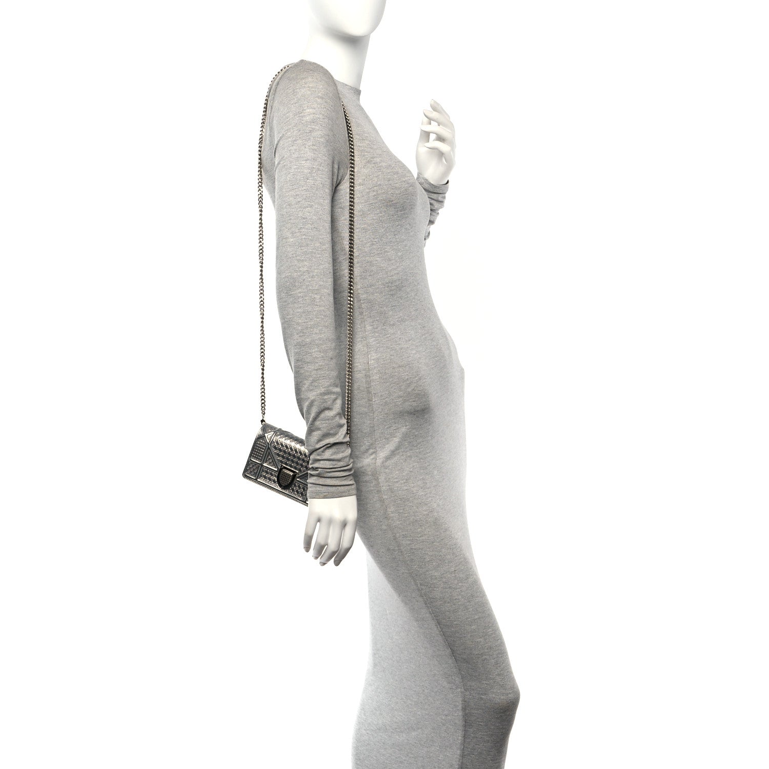 Christian Dior Metallic Patent Micro-Cannage Diorama Wallet on Chain Pouch Silver 2 of 9