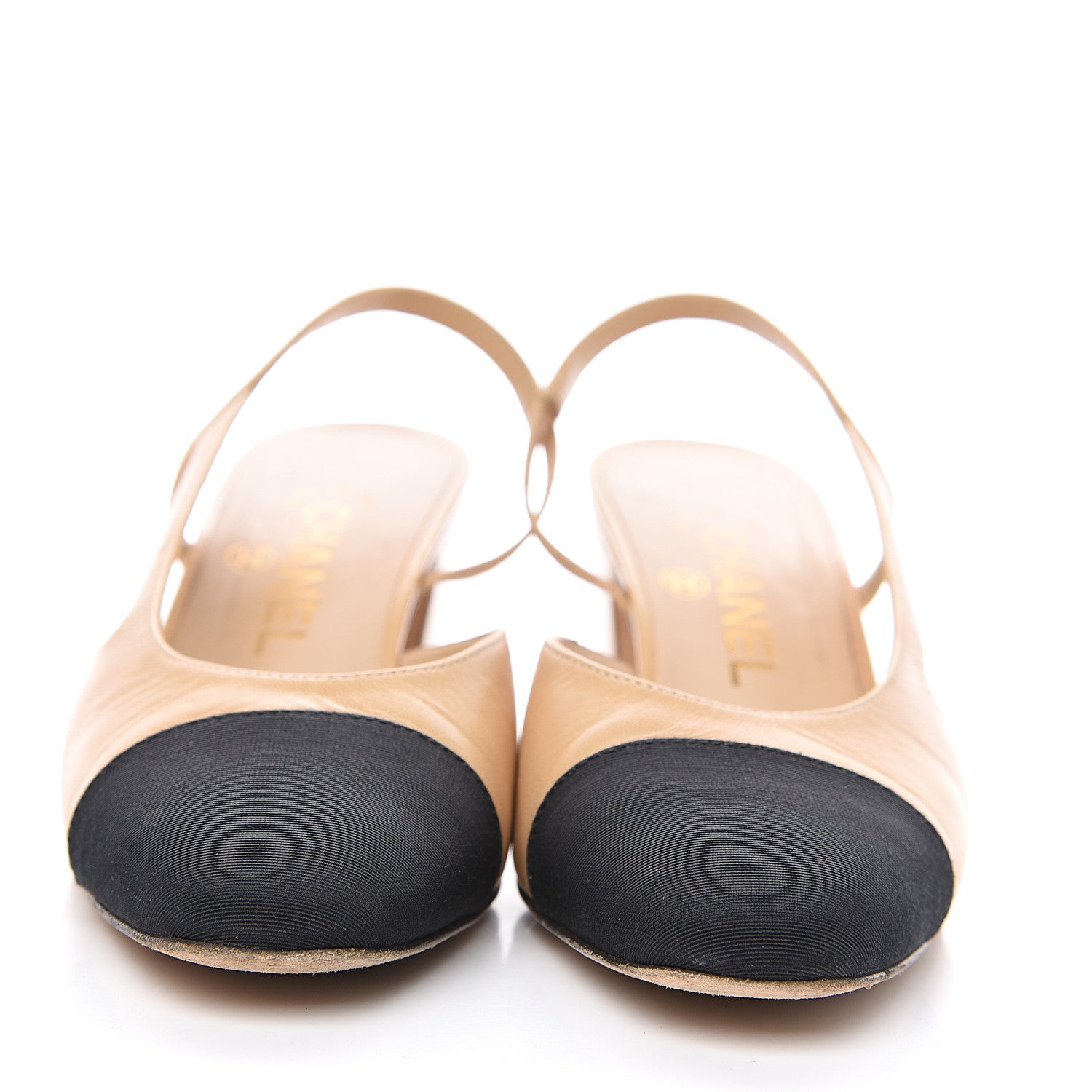 Chanel Goatskin Grosgrain Cap Toe CC Slingback Pumps 38 Beige Black 2 of 9
