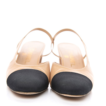 Chanel Goatskin Grosgrain Cap Toe CC Slingback Pumps 38 Beige Black 2 of 9