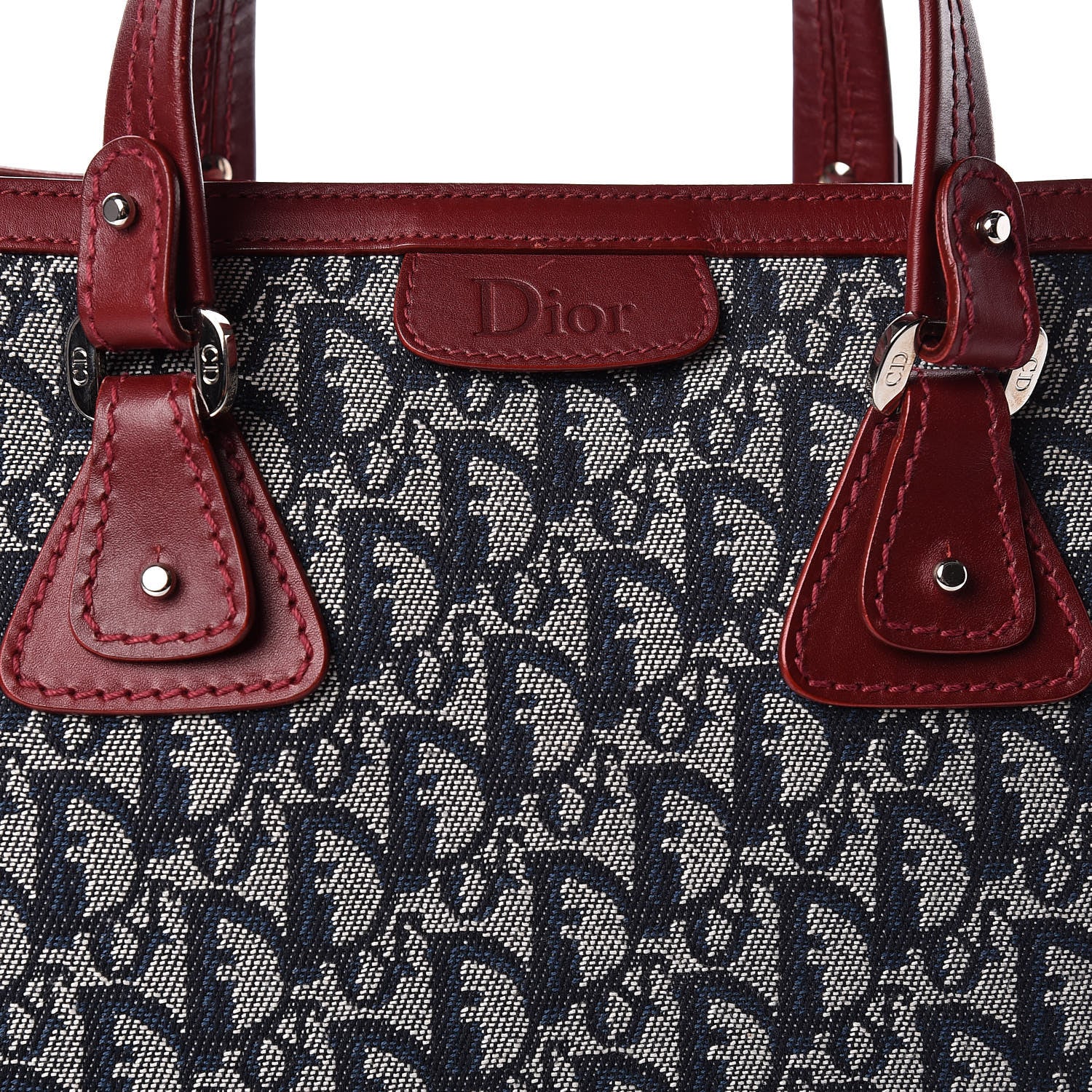 Christian Dior Denim Calfskin Monogram Tote Navy Blue Red 8 of 12