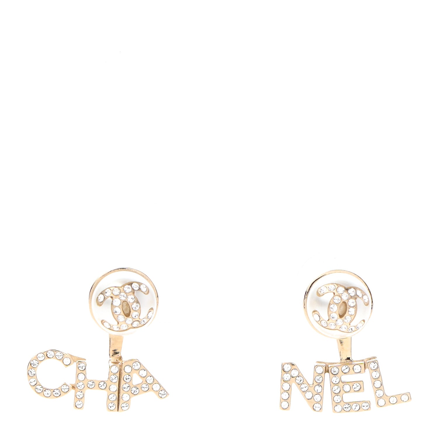 Chanel Pearl Crystal Logo Earrings Gold Pearly White 1 of 4
