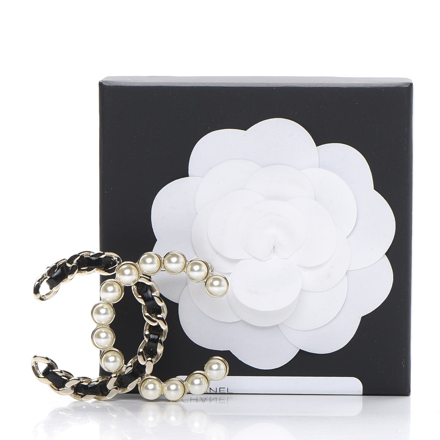 Lambskin Pearl CC Chain Brooch Black Gold