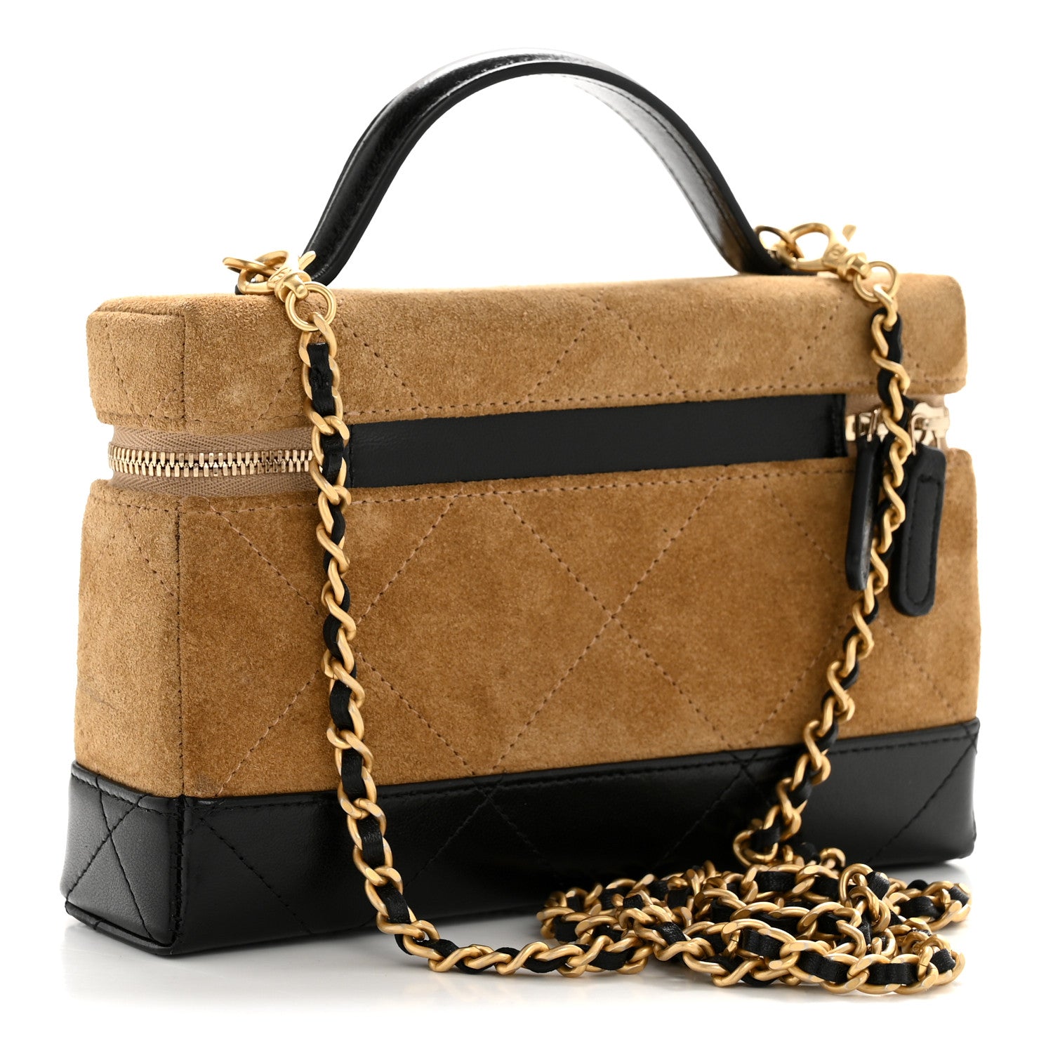 Chanel Suede Calfskin Shiny Lambskin Quilted Top Handle Slim Vanity Case With Chain Beige Black 3 of 11