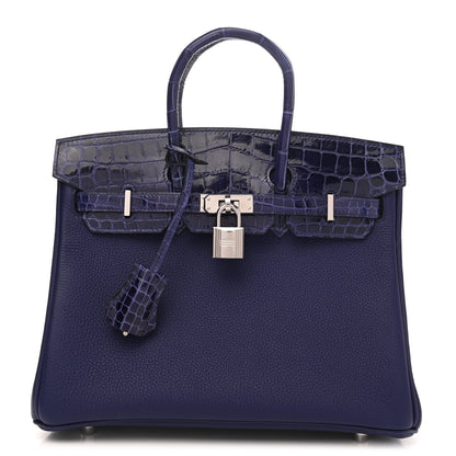 Hermes Taurillon Novillo Shiny Niloticus Crocodile Birkin Touch 25 Bleu Encre 1 of 10