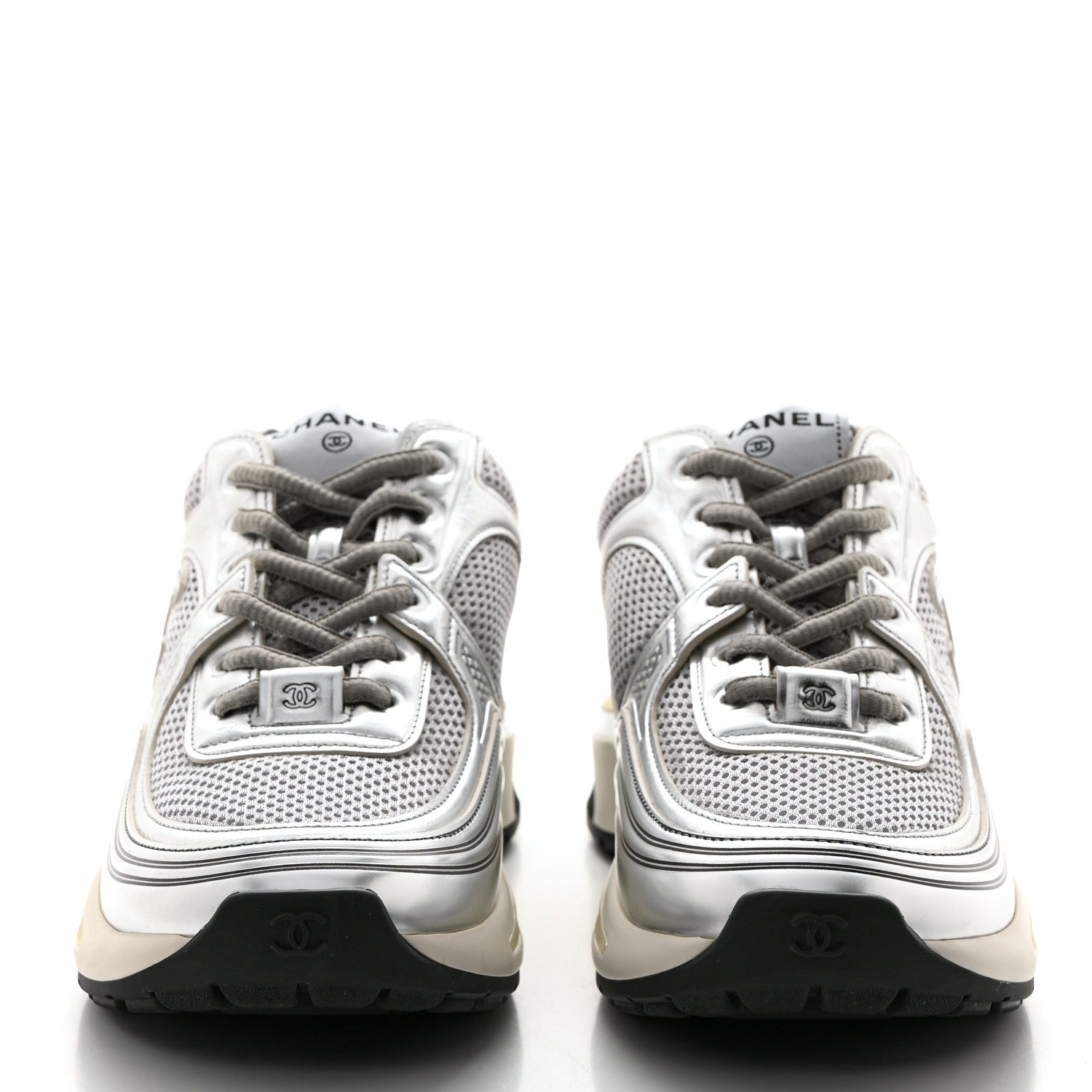 Chanel Fabric Laminated Calfskin Stretch CC Sneakers 39 White Silver 2 of 9