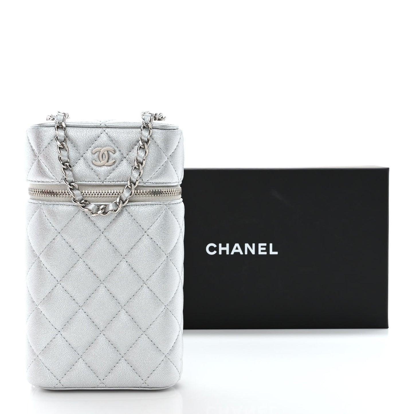 Metallic Lambskin Quilted Phone Holder With Chain Silver
