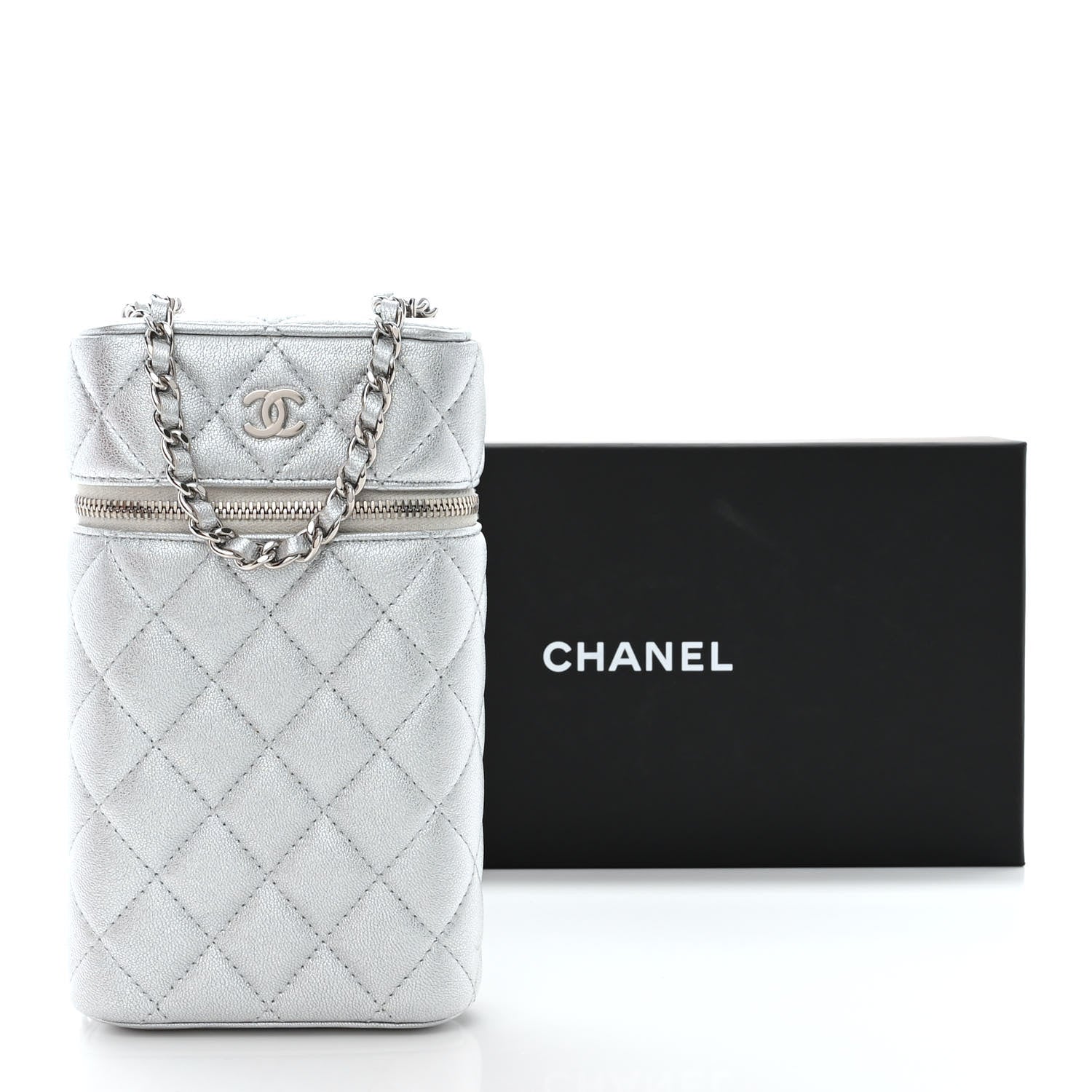 Chanel Metallic Lambskin Quilted Phone Holder With Chain Silver 13 of 13