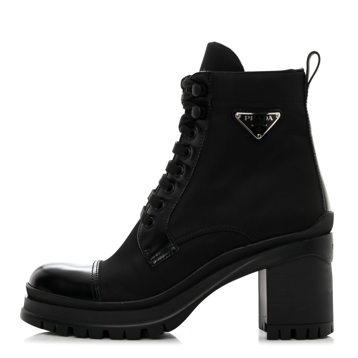 Spazzolato Re-Nylon Metal Triangle Logo Lace Up 55mm Ankle Boots 38 Black