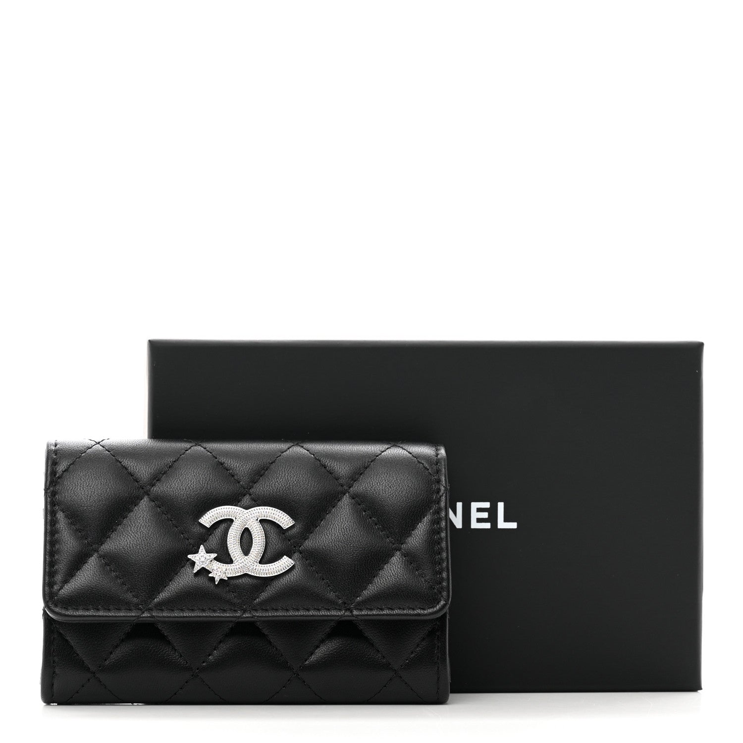 Chanel Lambskin Quilted Flap Crystal Star Card Holder Wallet Black 9 of 9