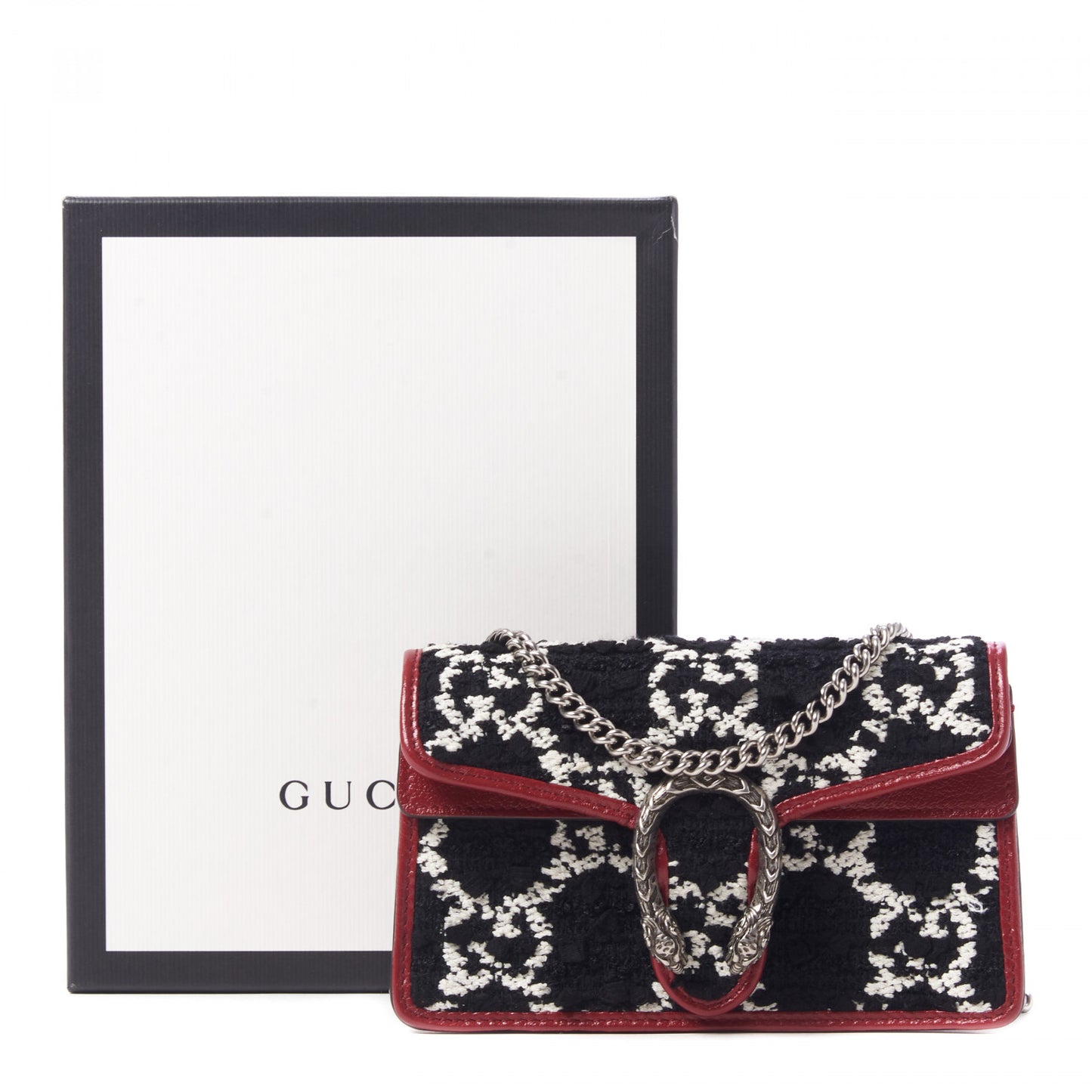 Tweed GG Monogram Super Mini Dionysus Shoulder Bag Black White Romantic Cherry