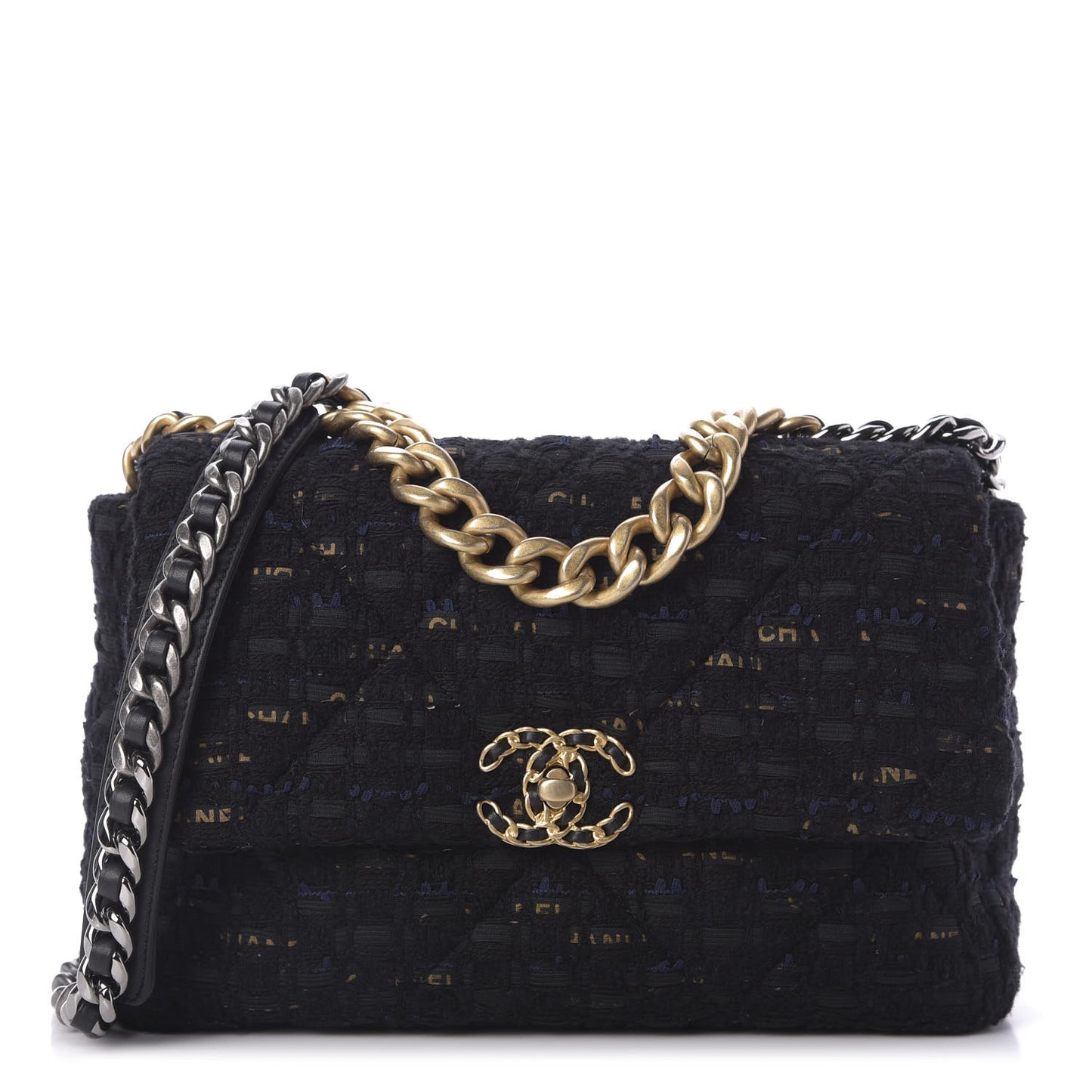 Tweed Quilted Large Chanel 19 Flap Black Navy Gold