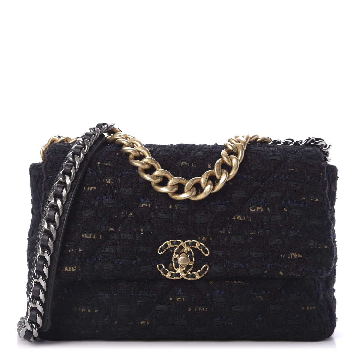 Chanel Tweed Quilted Large Chanel 19 Flap Black Navy Gold 1 of 9