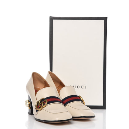 Gucci Betis Glamour Calfskin Web Pearl Embellished Peyton 75mm Loafer Pumps 36 Mystic White 11 of 11