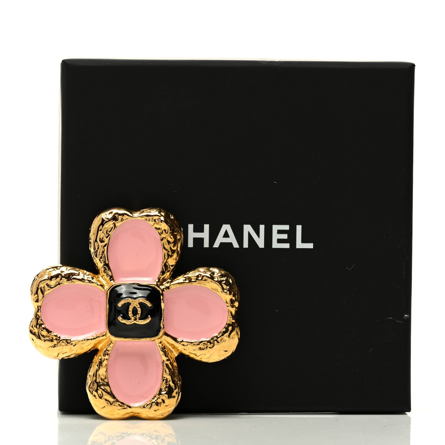 Resin Metal Glass CC Clover Brooch Gold Black Pink