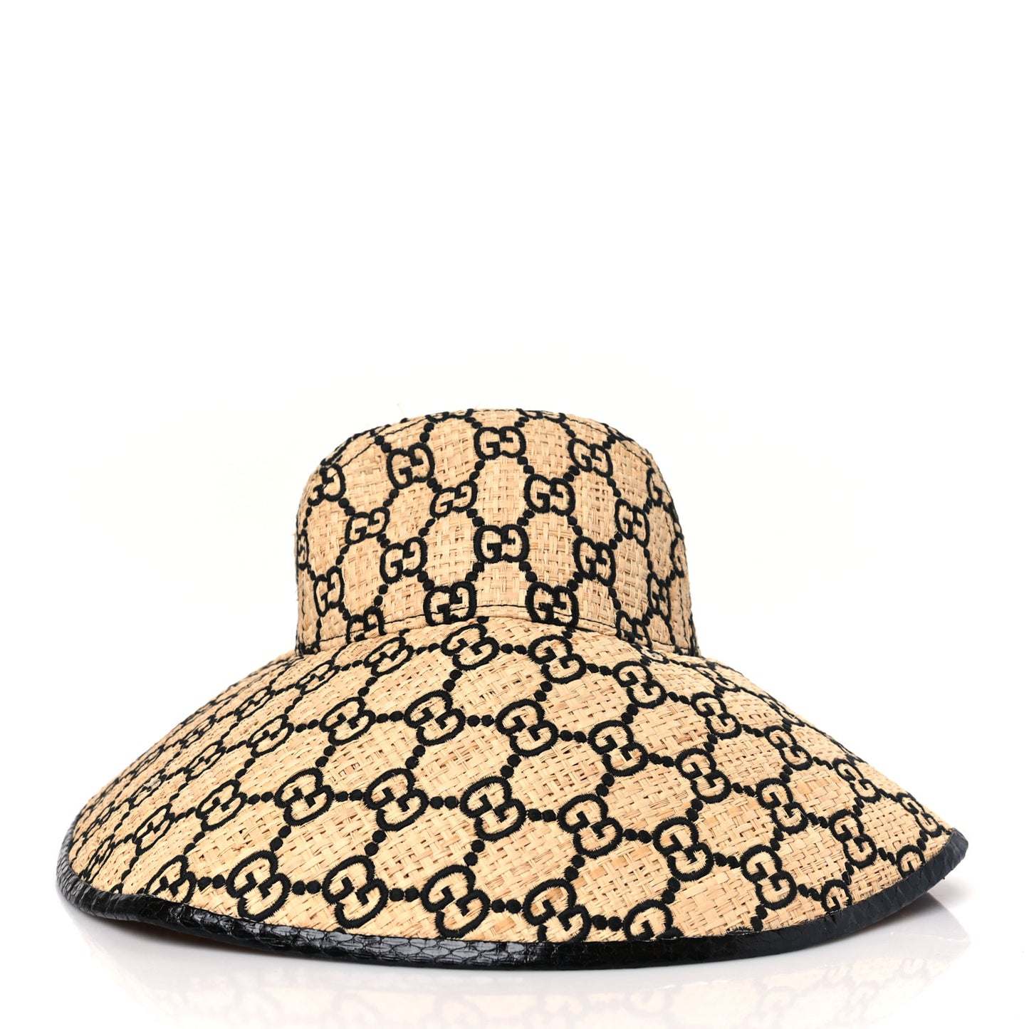 Raffia Elaphe GG Monogram Embroidered Wide Brim Hat Medium Ivory Black